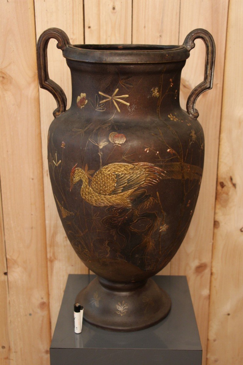 Grand Vase En Terre Cuite De Toul Et Majorelle En Laque Japonisant XIXeme  71 Cm De Hauteur-photo-2