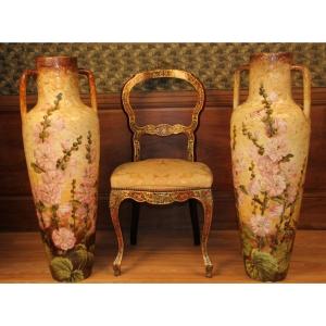 Huge Pair Of Vases By Delphin Massier Vallauris 19th Century 93 Cm In Height 