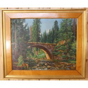 Large Painting By Pierre Dié Mallet "the Bridge Of The Fairies" Gérardmer 