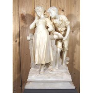 Large Alabaster Sculpture Signed De Cipriani "the Young Romantic Couple"