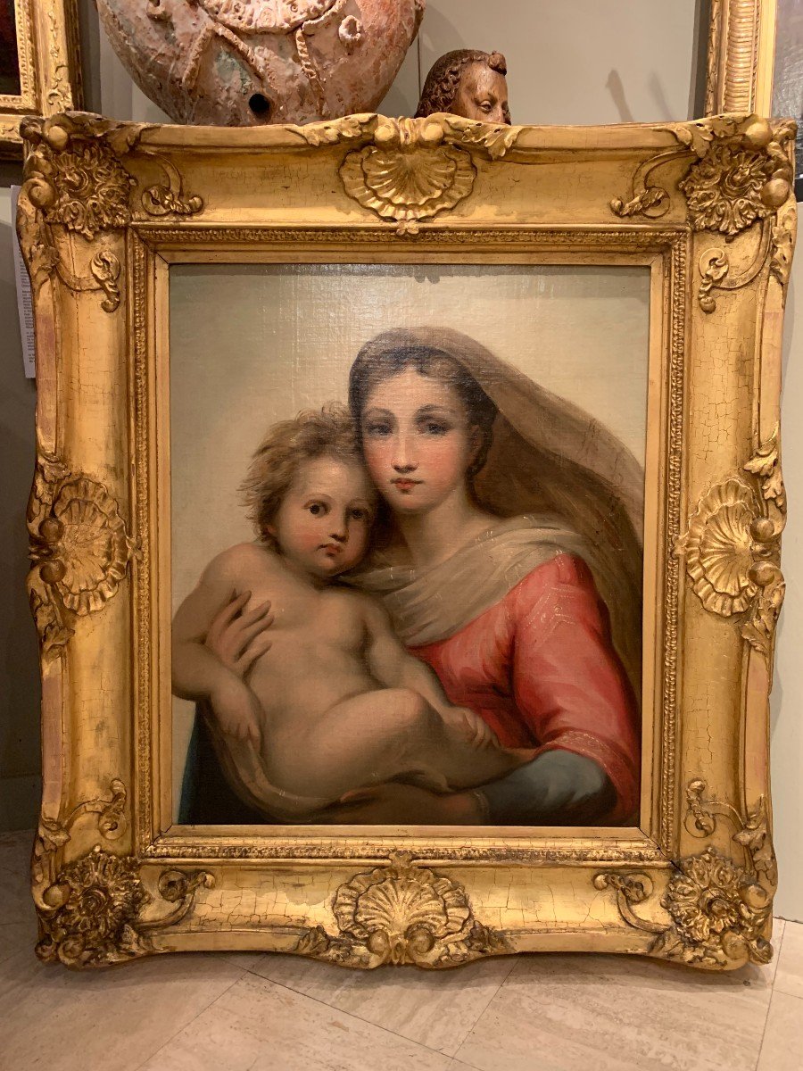 Huile Sur Toile " Vierge à l'Enfant"d'après Raphaël, France Vers 1820-photo-2