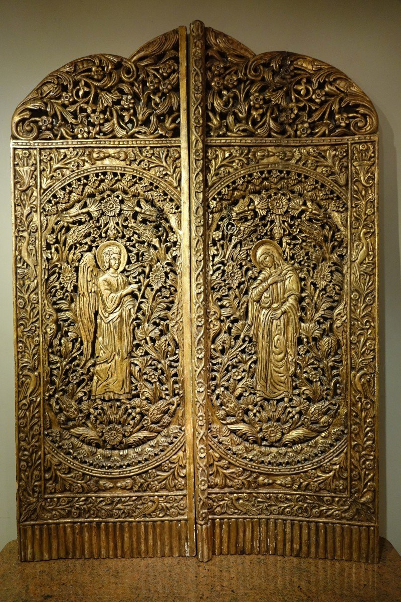 Iconostasis Door In Carved And Gilded Wood, The Annunciation, 19th C.-photo-4