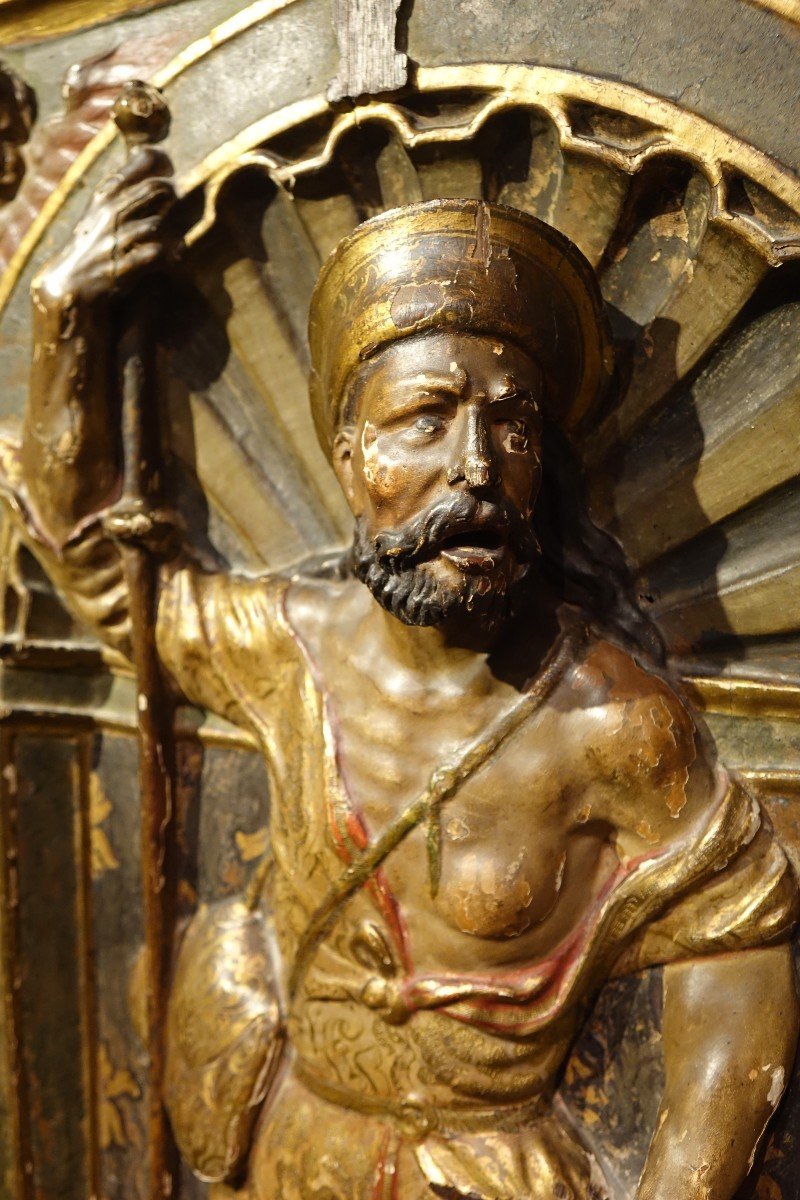 Mid-relief In Gilded And Polychromed Wood, Representing Saint-roch. Spain, 16th C.-photo-2