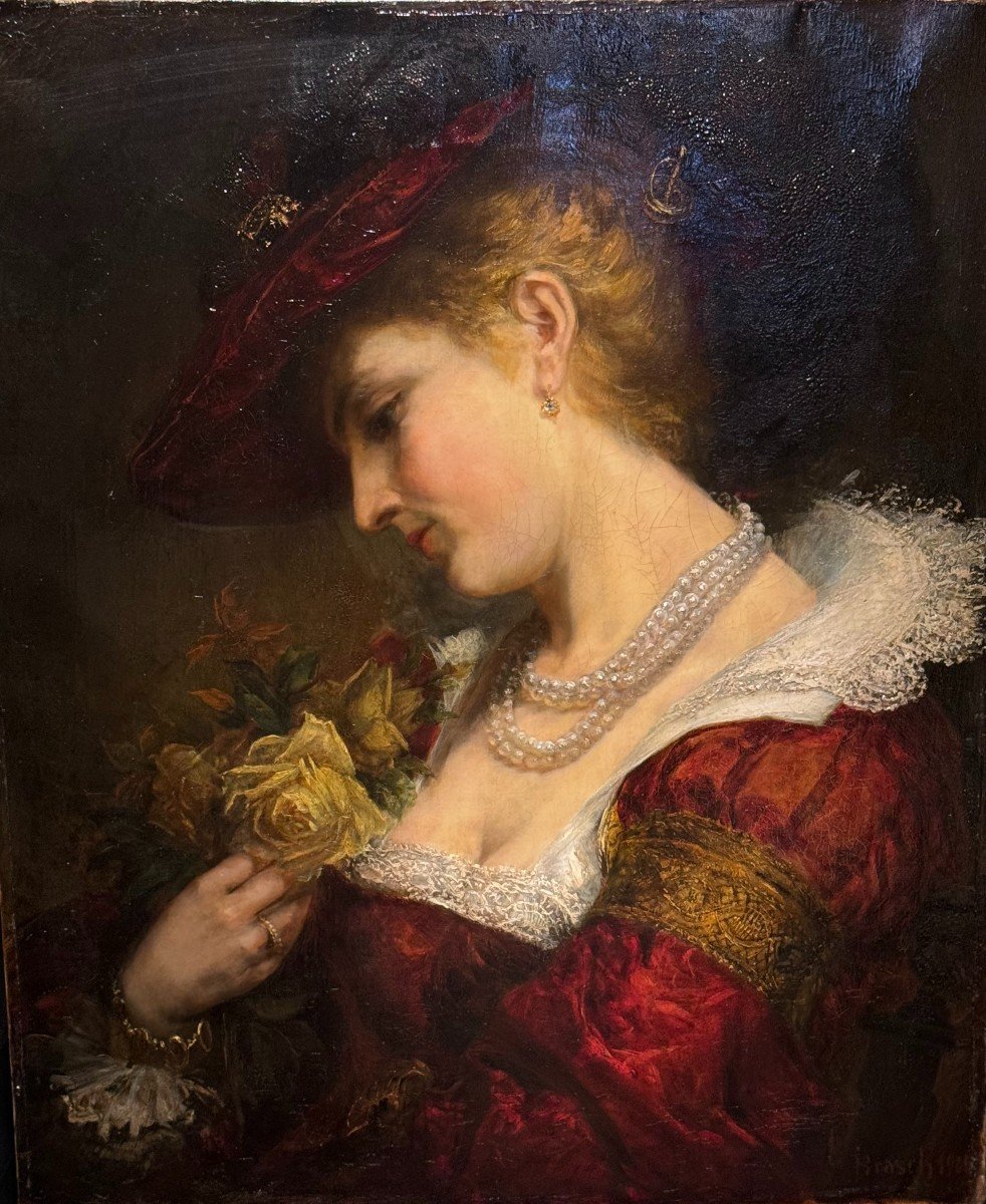 Portrait Of A Young Woman Holding A Bouquet Of Roses. A.brasch 1901