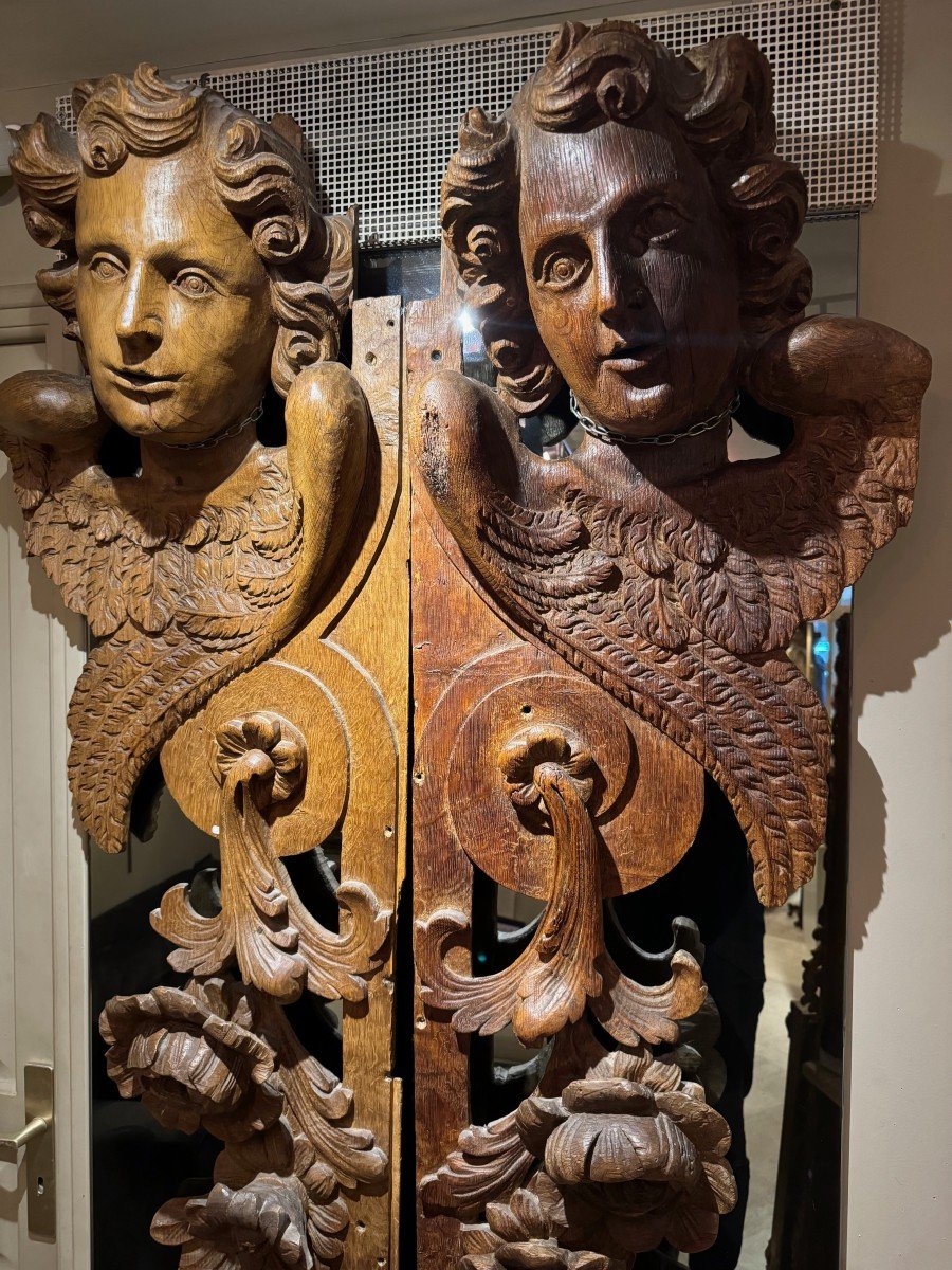 Very Large Elements Of Woodwork, Winged Angels, Flanders, 17th C.-photo-2