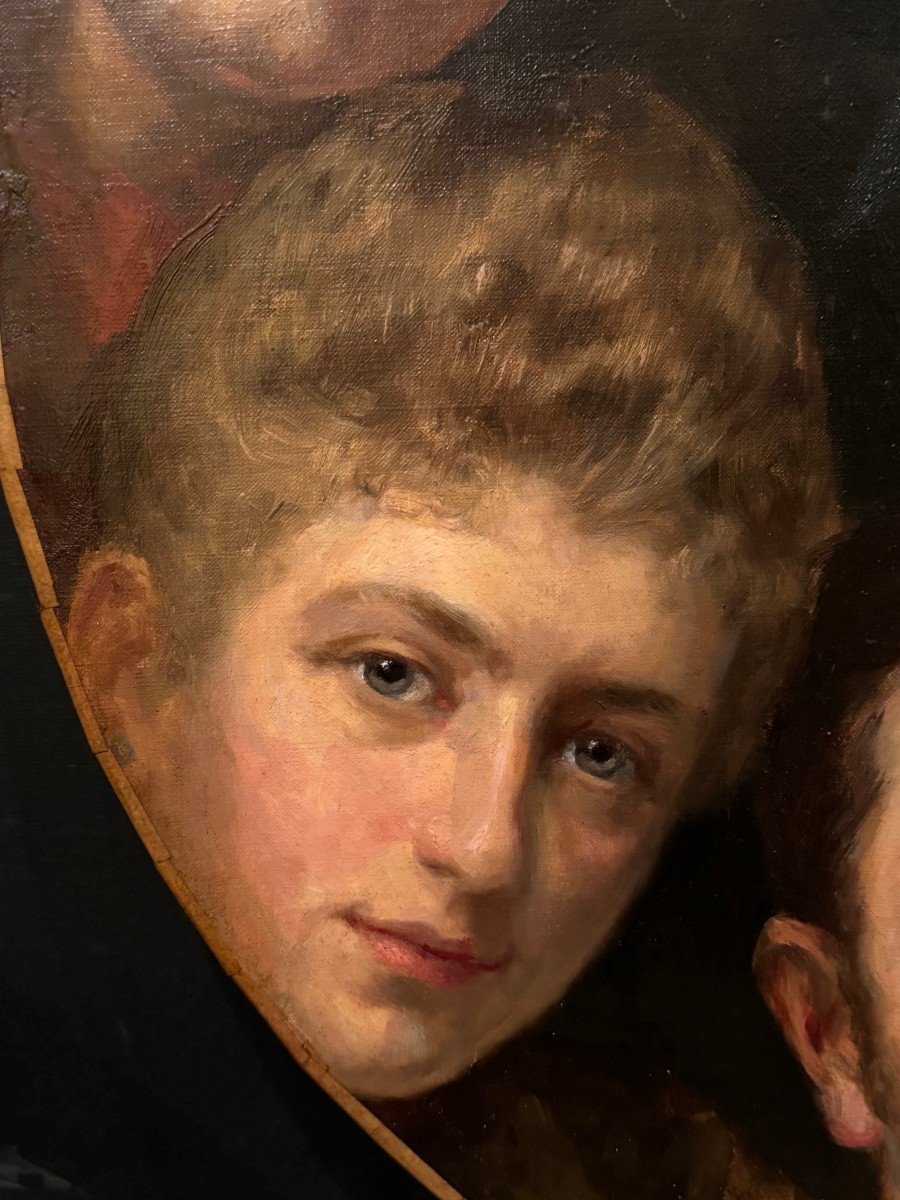 Multiple Portraits In Oval, Oil On Canvas Attributed To Eugénie Van Ham, Around 1875-photo-4