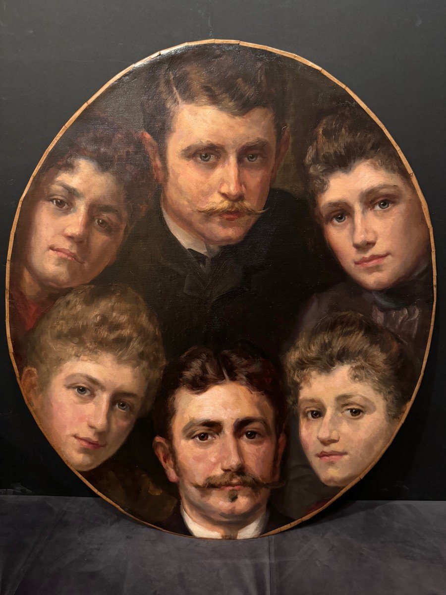 Multiple Portraits In Oval, Oil On Canvas Attributed To Eugénie Van Ham, Around 1875