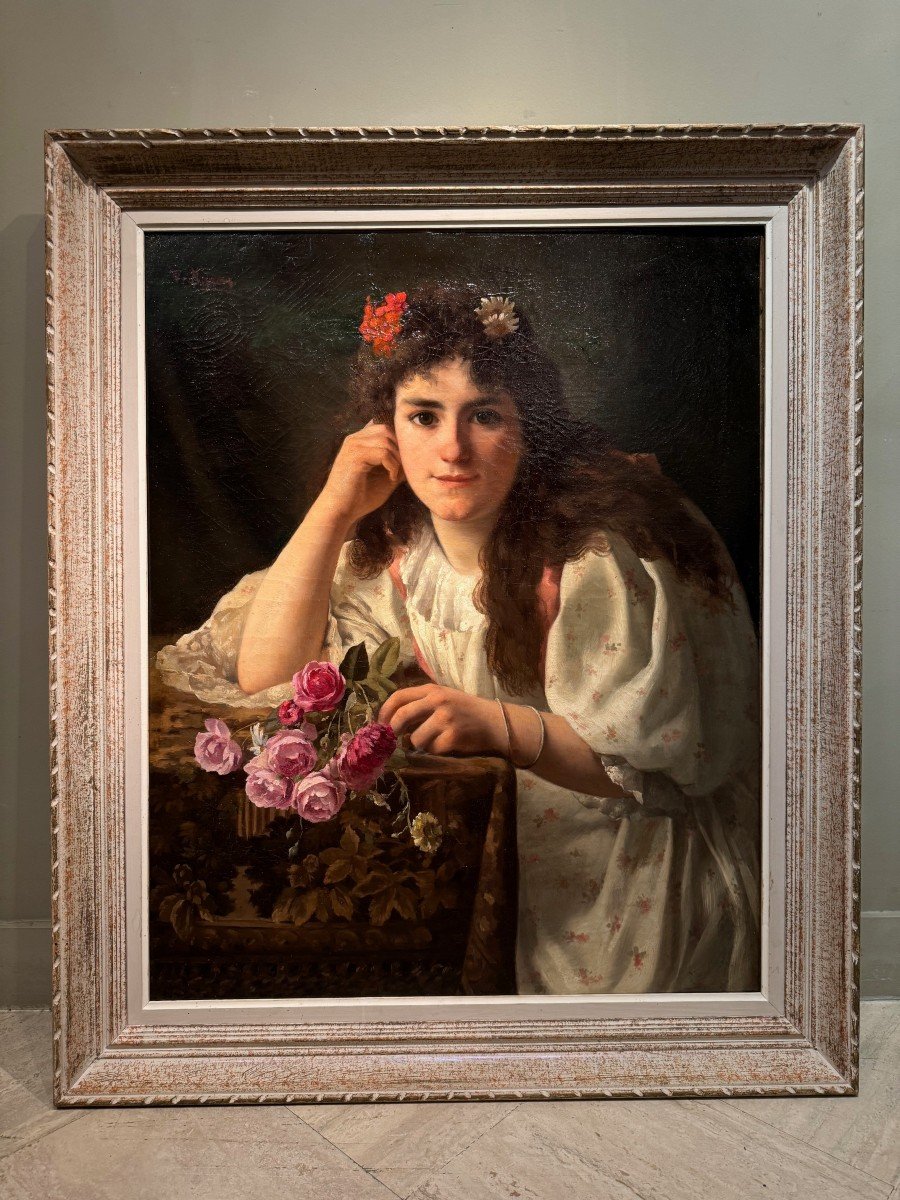 Portrait Of A Young Girl With A Bouquet Of Roses, V.hugon, 1896-photo-5