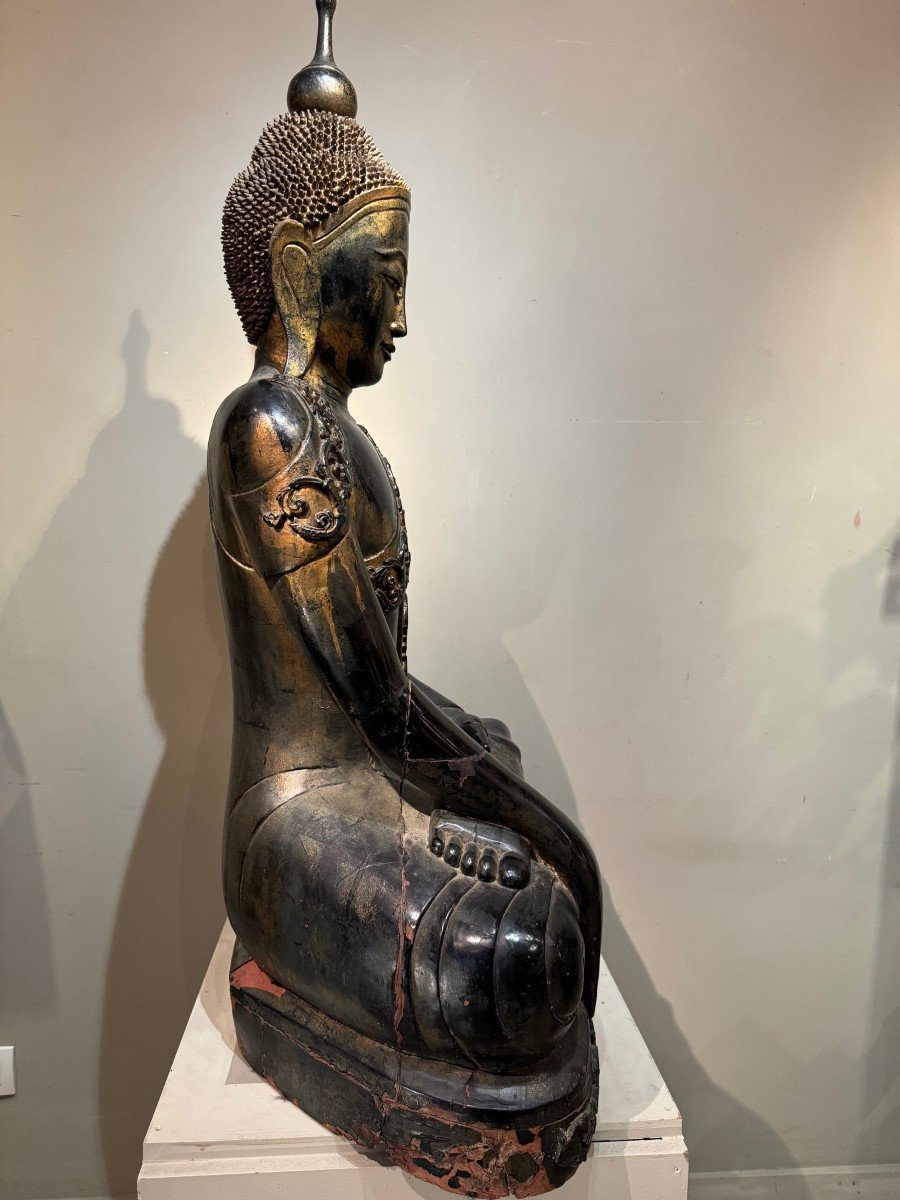 Very Large Buddha In Lacquered Wood, Burma, Late 19th C.-photo-1