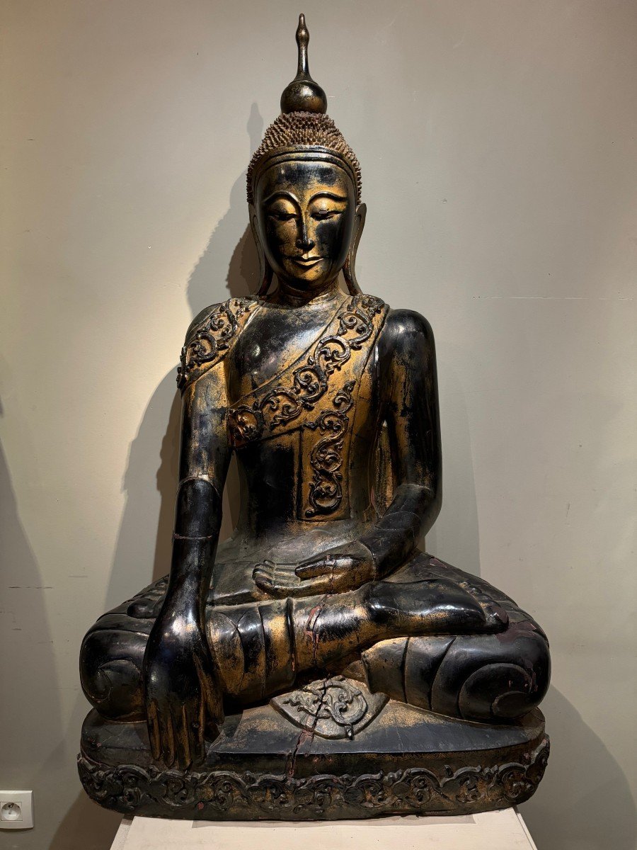 Very Large Buddha In Lacquered Wood, Burma, Late 19th C.