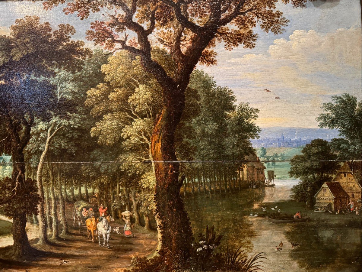 Scène champêtre, Huile sur panneau attribuée à A.Govaerts, Flandres 17e s.-photo-3