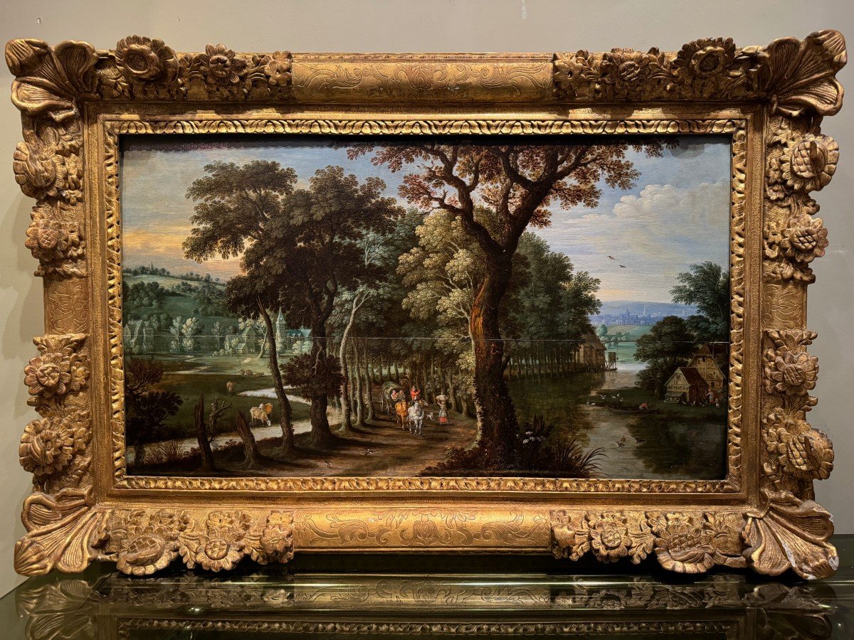 Scène champêtre, Huile sur panneau attribuée à A.Govaerts, Flandres 17e s.