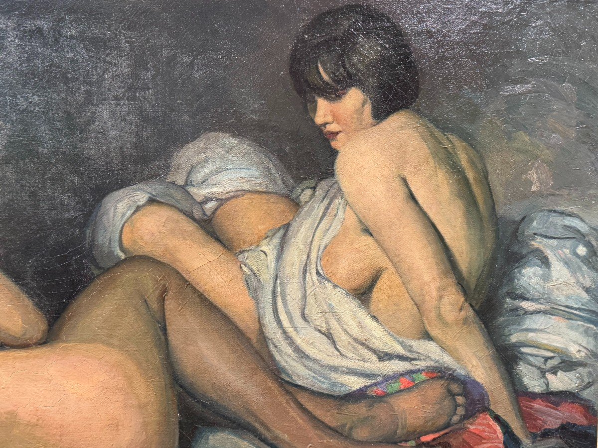 "les deux amies", huile sur toile signée F.MOLINA, Datée 1925-photo-3