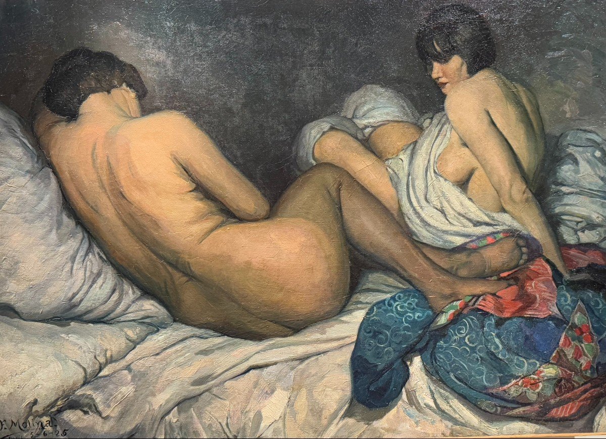 "les deux amies", huile sur toile signée F.MOLINA, Datée 1925-photo-5