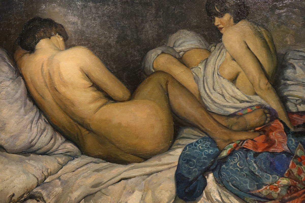 "les deux amies", huile sur toile signée F.MOLINA, Datée 1925