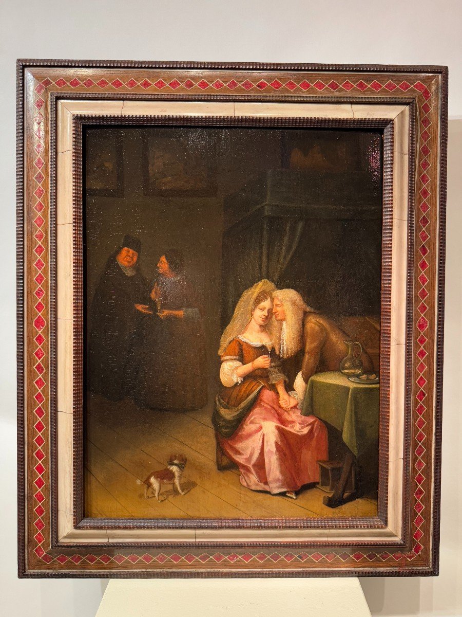 Gallant Scene, Oil On Panel Attributed To Van Mieris, 17th C.-photo-3