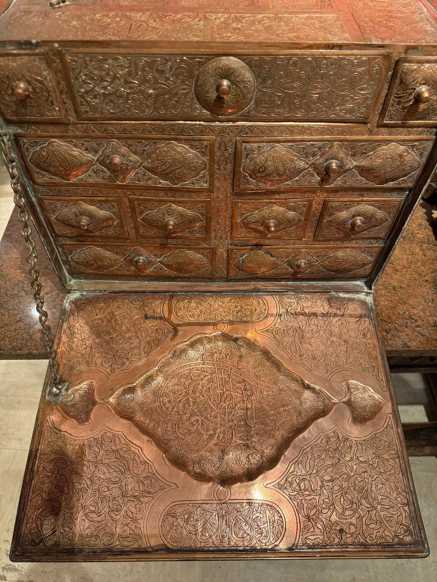 Solid Copper Cabinet With Silver Inlay, Egypt, Late 19th Century-photo-3