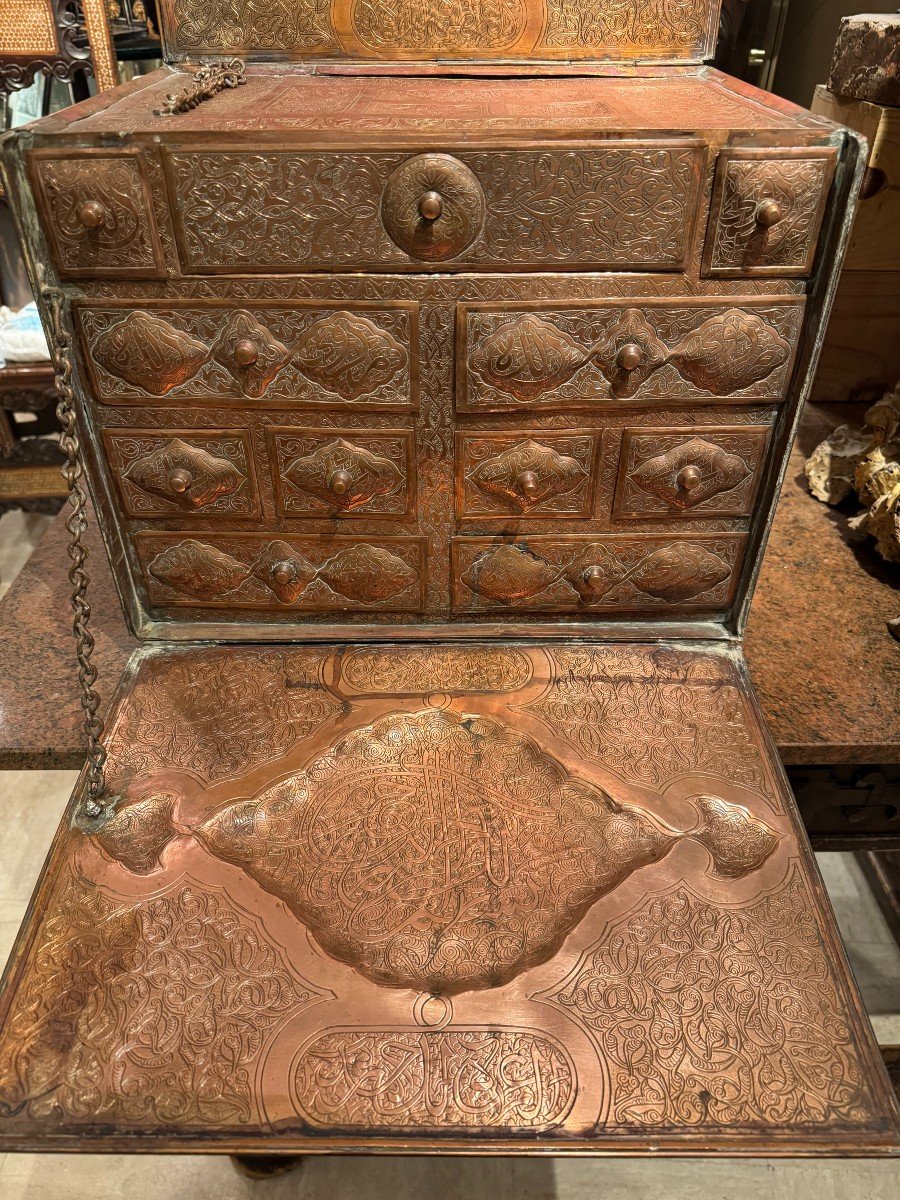 Solid Copper Cabinet With Silver Inlay, Egypt, Late 19th Century-photo-1