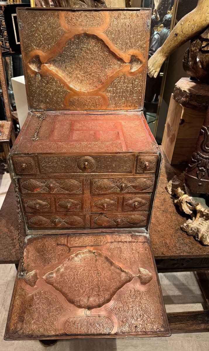 Solid Copper Cabinet With Silver Inlay, Egypt, Late 19th Century-photo-2