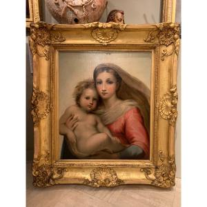 Huile Sur Toile " Vierge à l'Enfant"d'après Raphaël, France Vers 1820