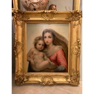 Oil On Canvas "madonna And Child" After Raphaël, France Around 1820