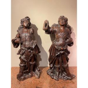 Pair Of Ceroferarian Angels In Oak, Flanders, 17th C.