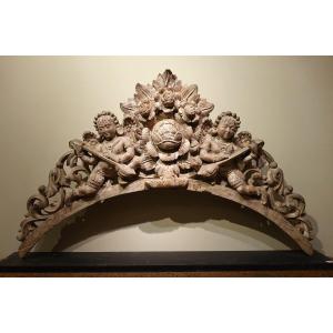 Carved Wooden Arch With Two Musician Angels, India, 19th C.