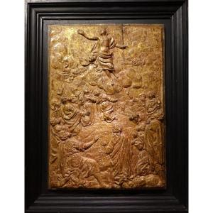 l'Ascension Du Christ, Bas-relief En Bois Doré, 17e S. Flandres?