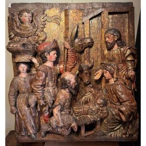 Grand haut-relief en bois doré et polychromé, l'Adoration des bergers, Vers 1500