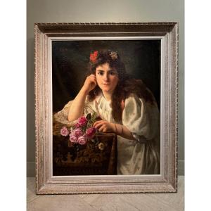 Portrait d'une jeune fille au bouquet de roses, V.HUGON,1896