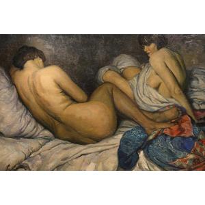 "les deux amies", huile sur toile signée F.MOLINA, Datée 1925