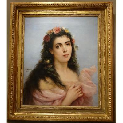 Young Woman With Chrysanthemums, Painting Signed Schreiber, 1893