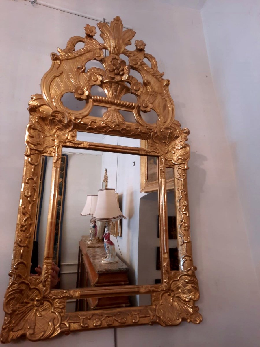 Louis XIV Mirror In Golden Wood With Parecloses. 19th Century Period.