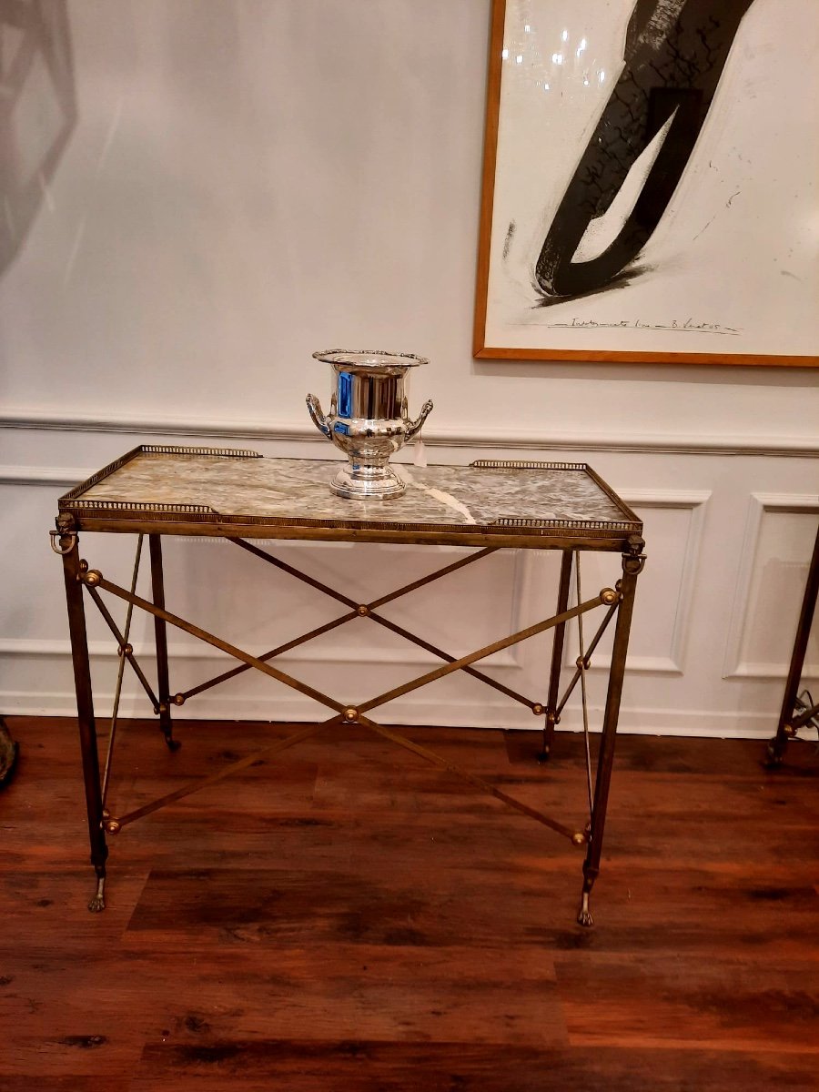 Elegant Pair Of Bronze And Brass Serving Trolleys With Marble Top. 20th Century Louis XVI Style.-photo-2