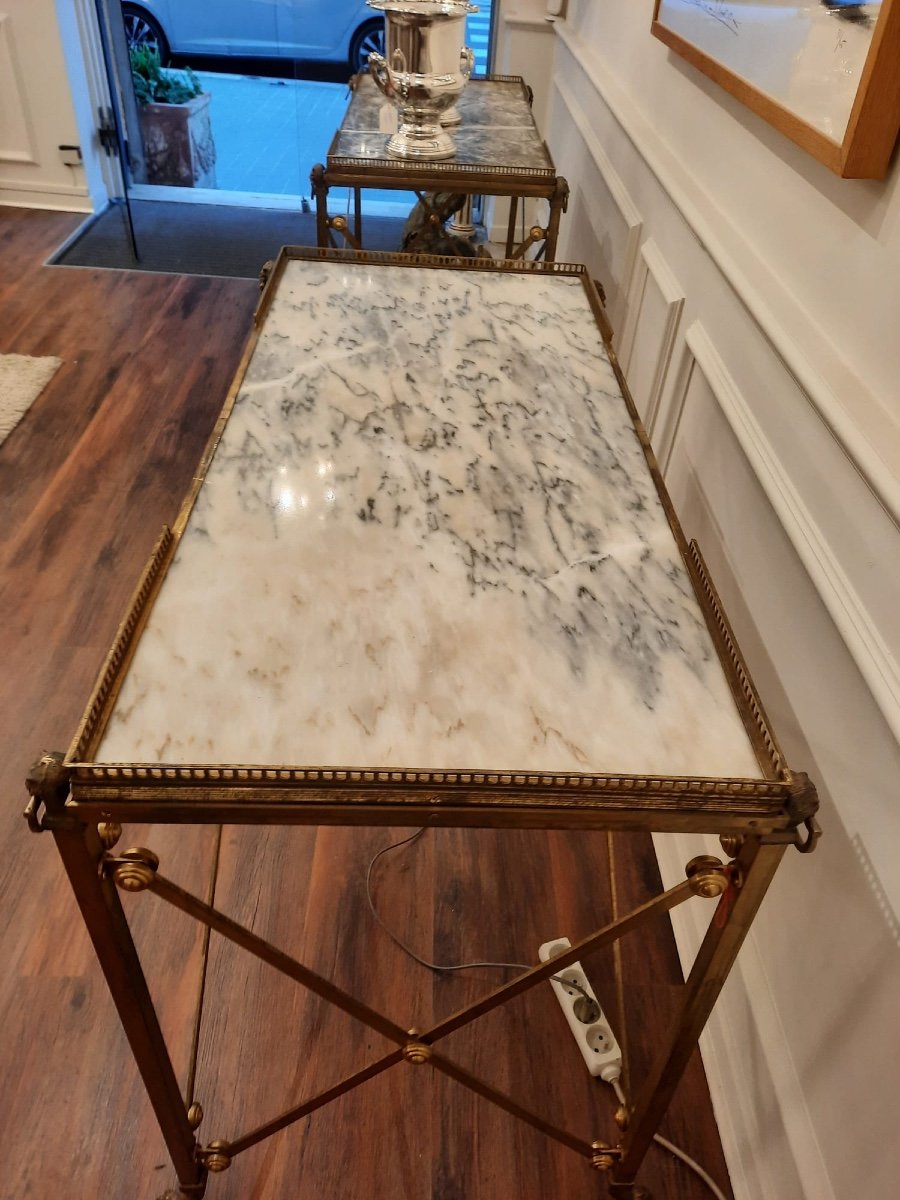 Elegant Pair Of Bronze And Brass Serving Trolleys With Marble Top. 20th Century Louis XVI Style.-photo-4