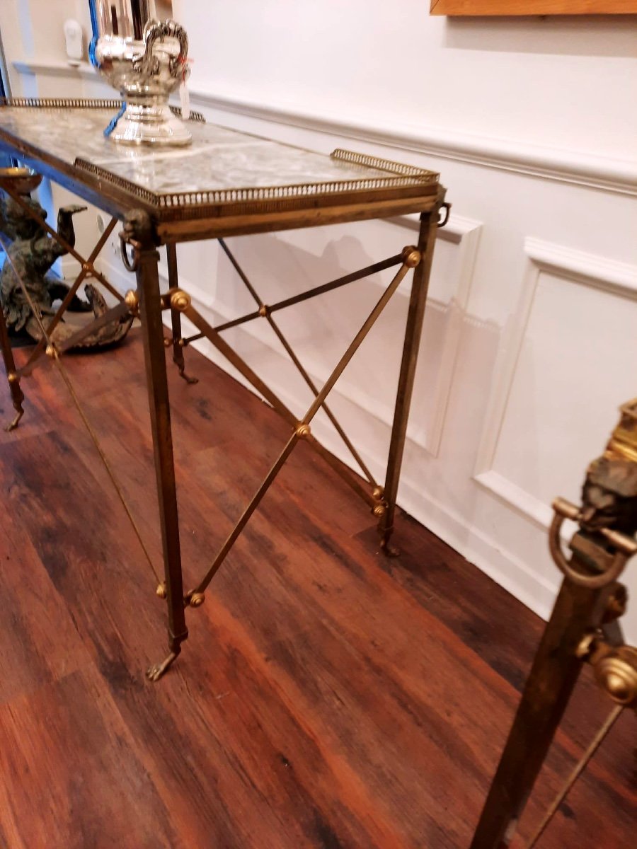 Elegant Pair Of Bronze And Brass Serving Trolleys With Marble Top. 20th Century Louis XVI Style.-photo-5