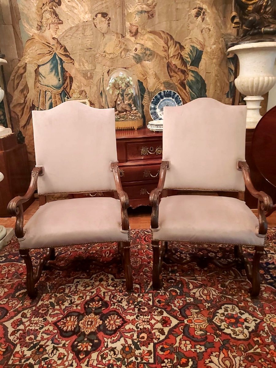 Paires De Fauteuils d'époque Louis XIV En Noyer, Gênois.-photo-2