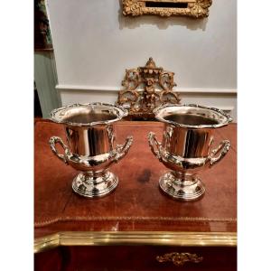 Pair Of Louis XV Style Silver Plated Metal Coolers. English