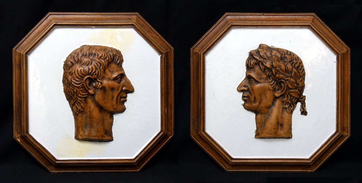 Imposing Pair Of Hexagonal Frames In Enamelled Ceramic Representing Two Different Portraits