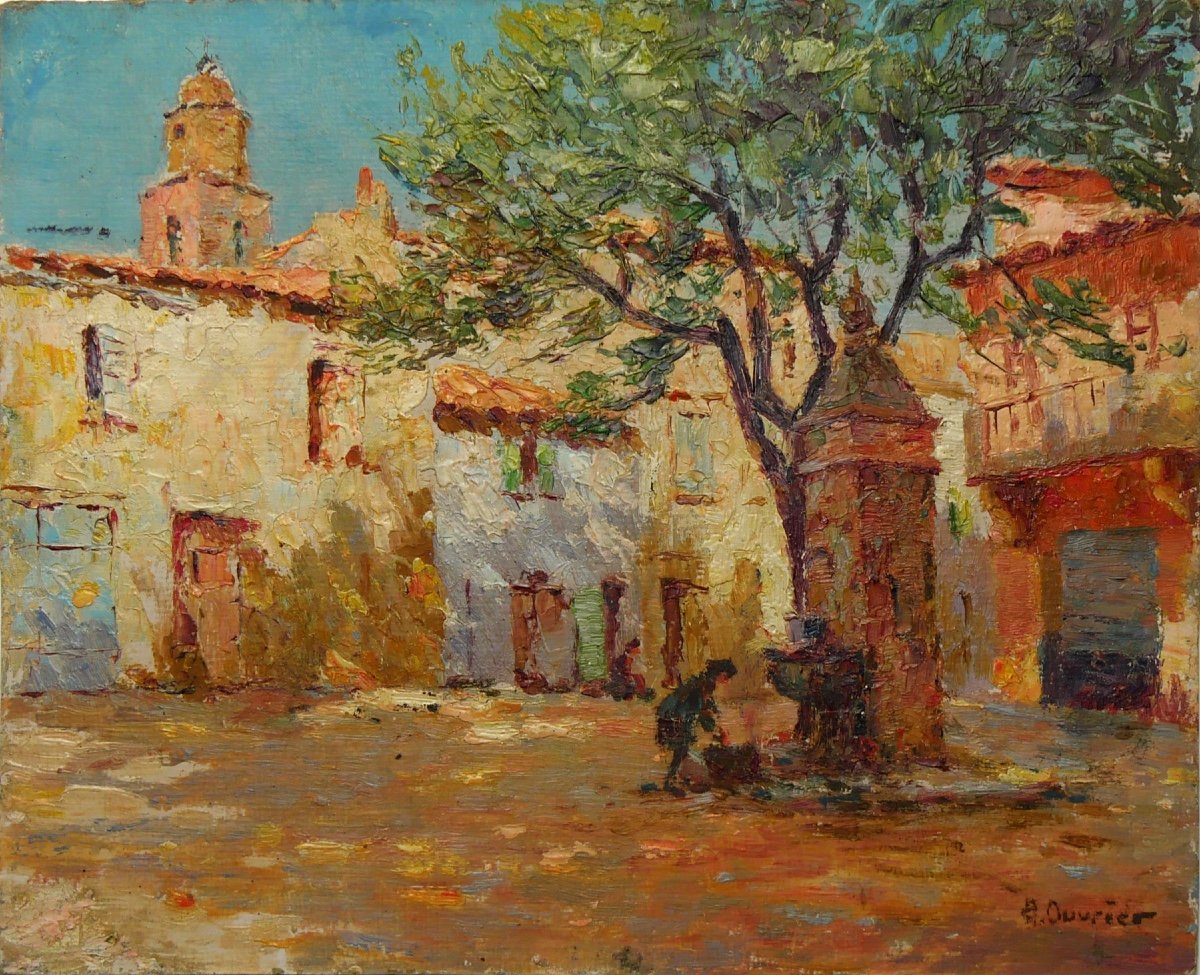 Peinture d’Adrien Ouvrier représentant la Place des Remparts de Saint-Tropez -photo-2