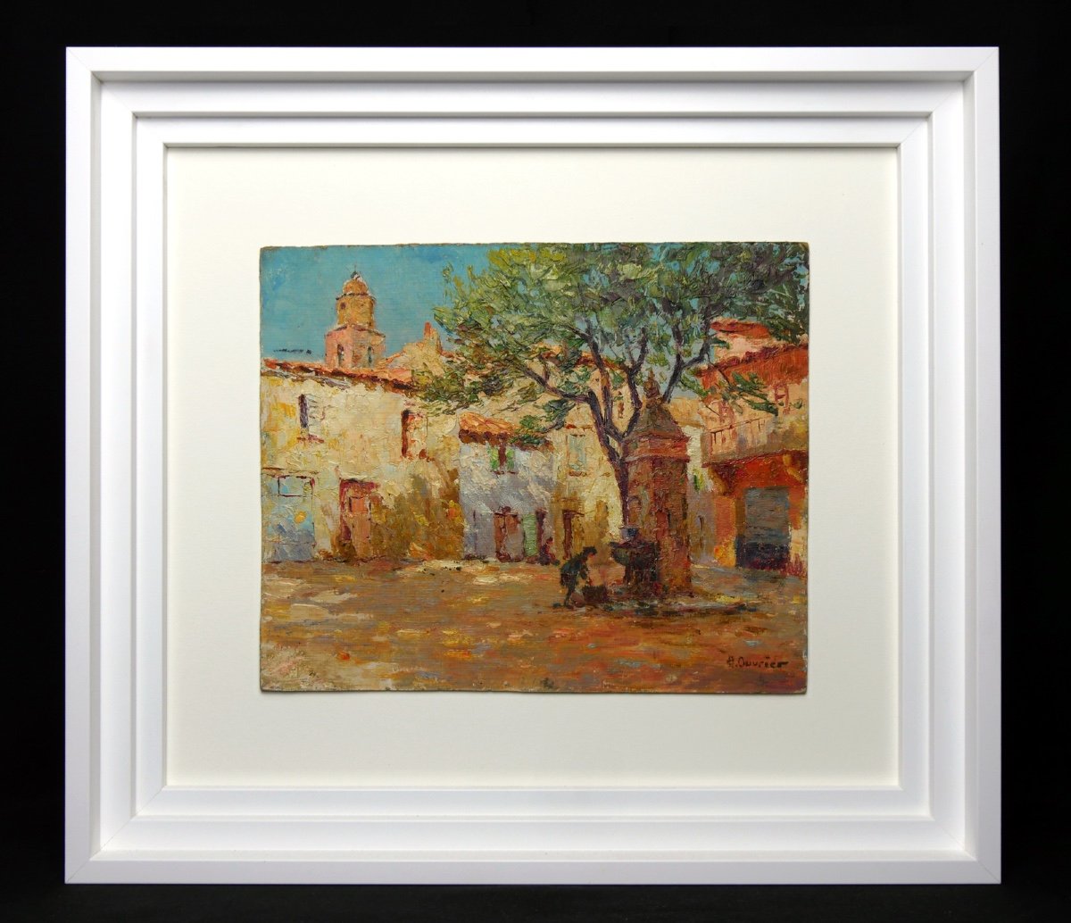 Peinture d’Adrien Ouvrier représentant la Place des Remparts de Saint-Tropez 