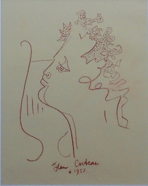 Dessin  d’un Profil gauche d’Orphée à la Lyre au crayon gras signé Jean Cocteau-photo-2