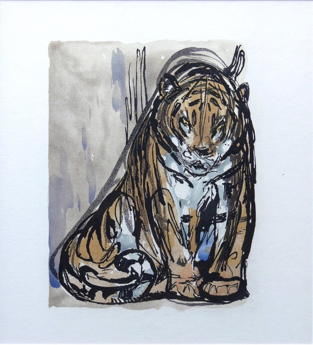 Colored Woodcut Dating From 1931 Representing A Resting Tiger By Paul Jouve-photo-2