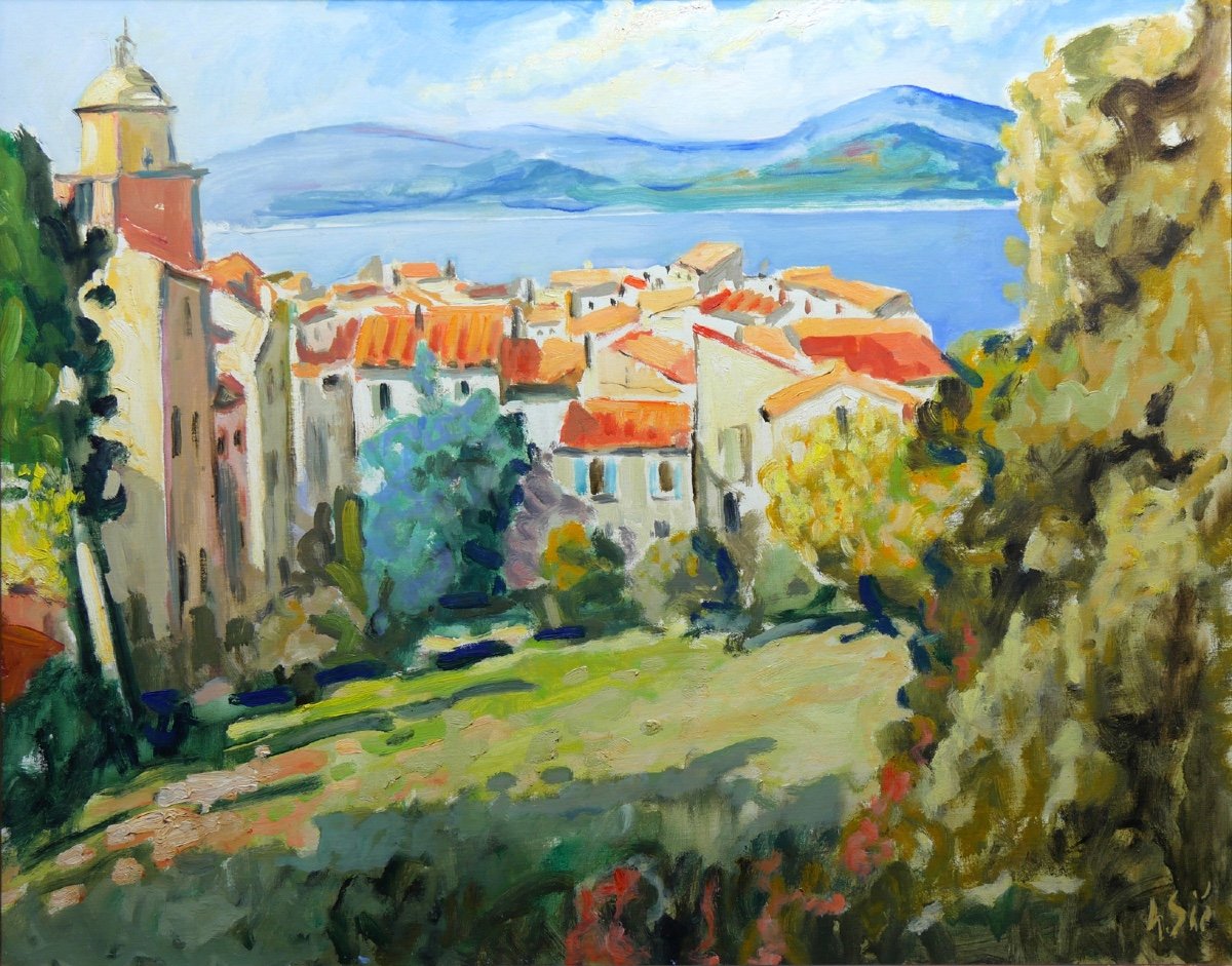 Large Painting Representing A View Of The Village Of Saint-tropez By The Painter Henri Sié-photo-2