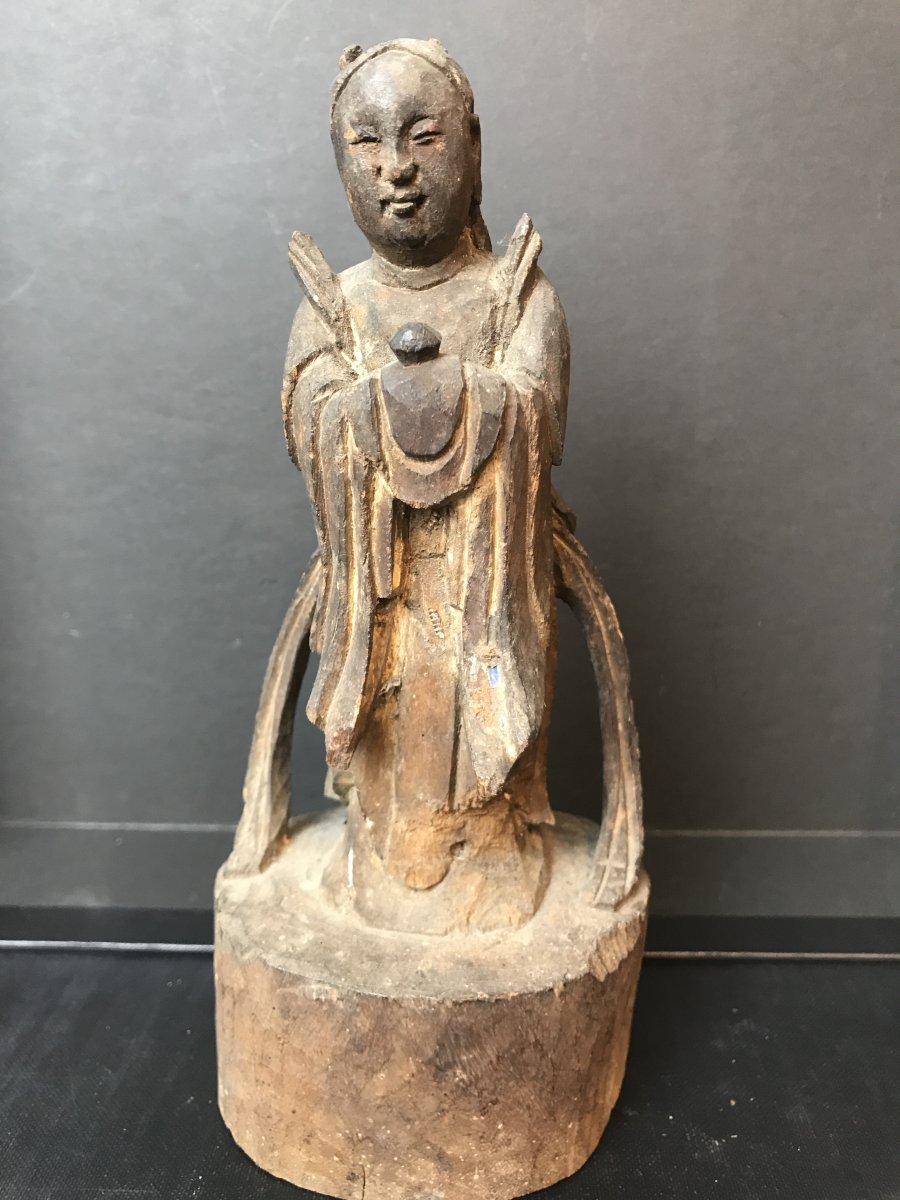 Statuette Taoïste Asie  En Bois XIX Eme