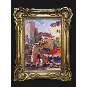 Peinture d’André Salomon dit Salomon Le Tropézien  représentant  une place de  Saint-Tropez 