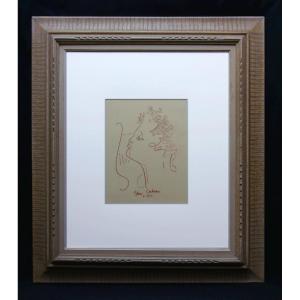 Dessin  d’un Profil gauche d’Orphée à la Lyre au crayon gras signé Jean Cocteau