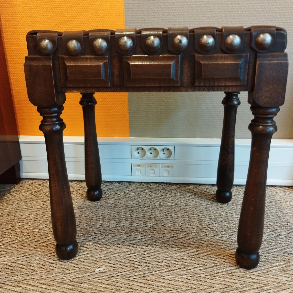 Tabouret En Bois Et Cuir Tressé-photo-3