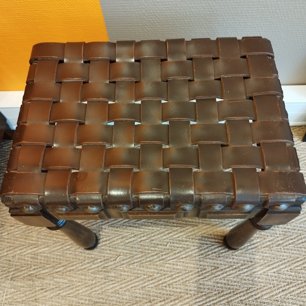 Tabouret En Bois Et Cuir Tressé-photo-4