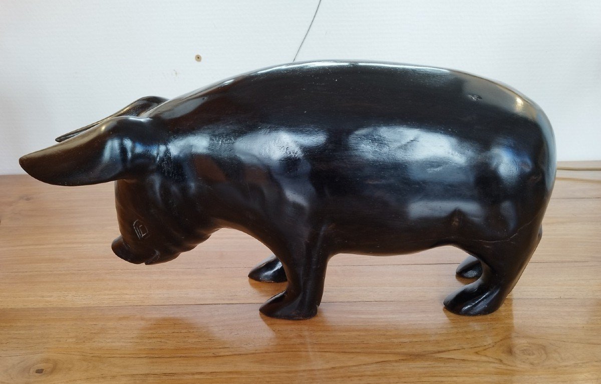 Large Dark Stained Wooden Pig-photo-3